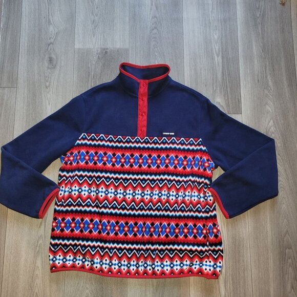 Lands End Womens Aztec Fleece Pullover Navy Blue & Red NWOT - Picture 3 of 11